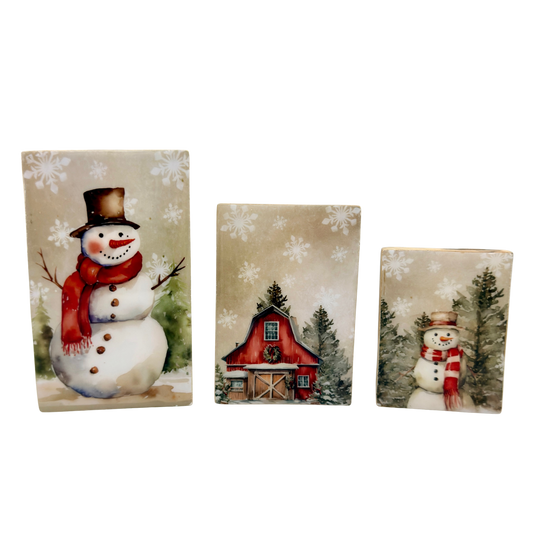 Country Christmas Large Snowman Wood Block