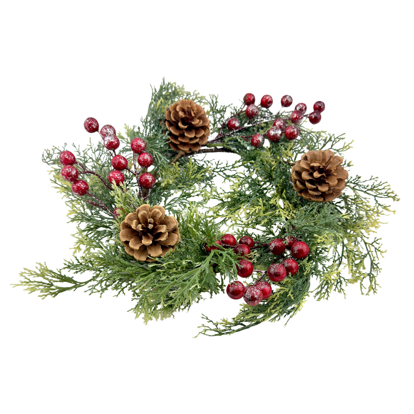 Holiday Candle Ring with Red Berries & Pinecones