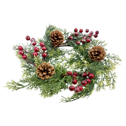 Holiday Candle Ring with Red Berries & Pinecones