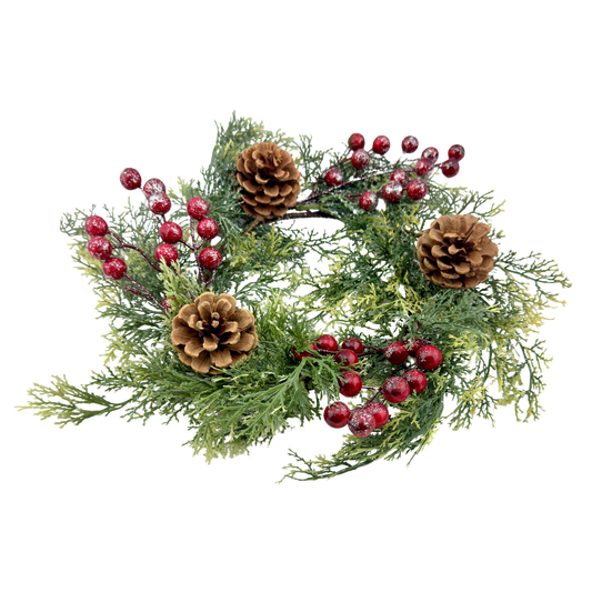 Holiday Candle Ring with Red Berries & Pinecones