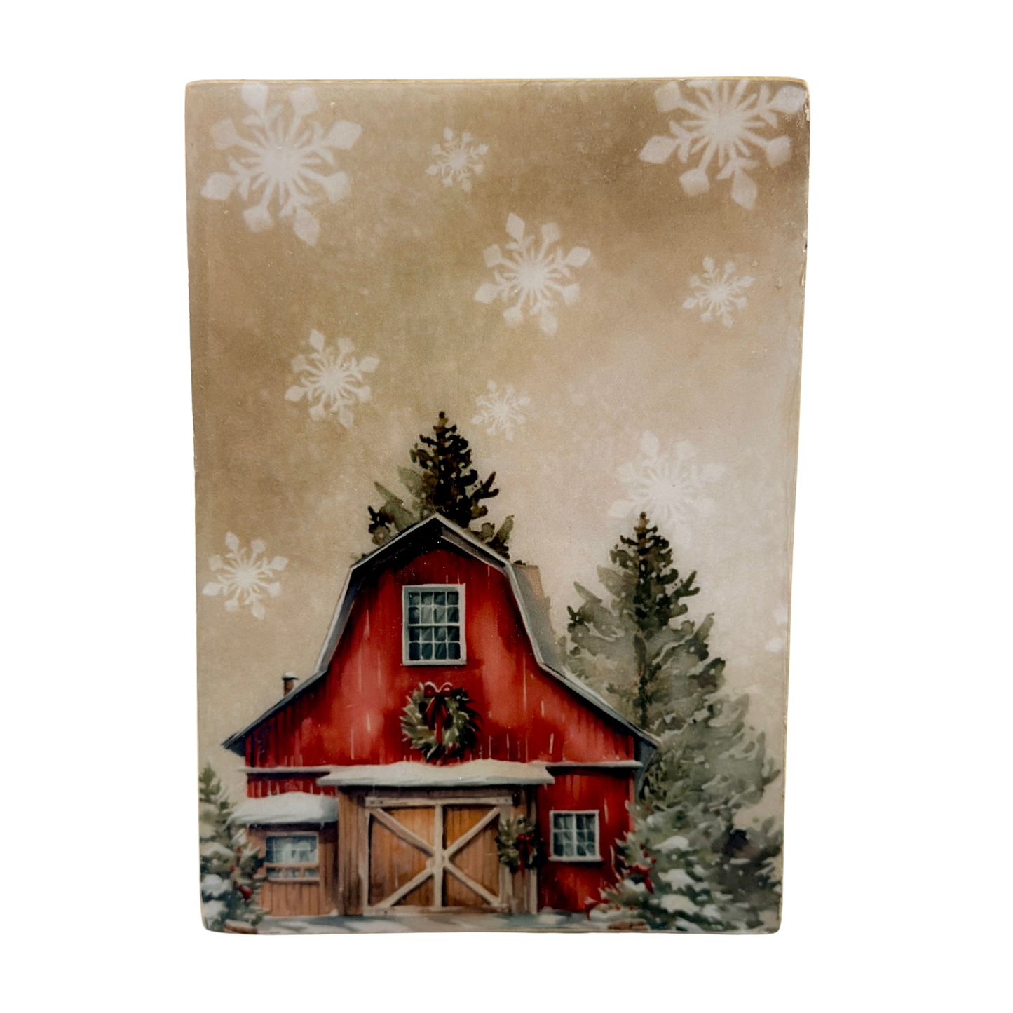 Country Christmas Red Barn Wood Block