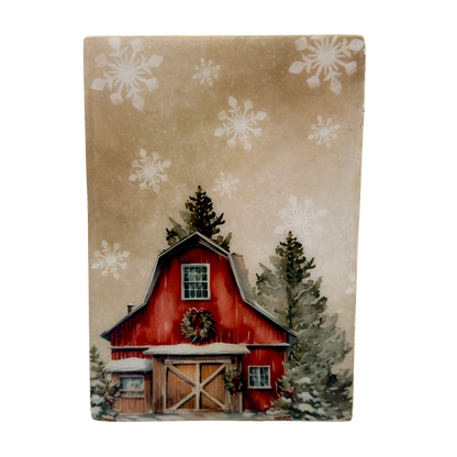 Country Christmas Red Barn Wood Block