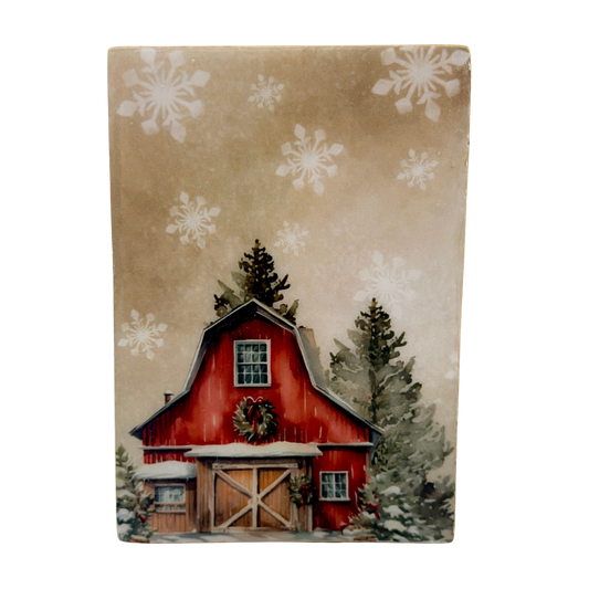 Country Christmas Red Barn Wood Block